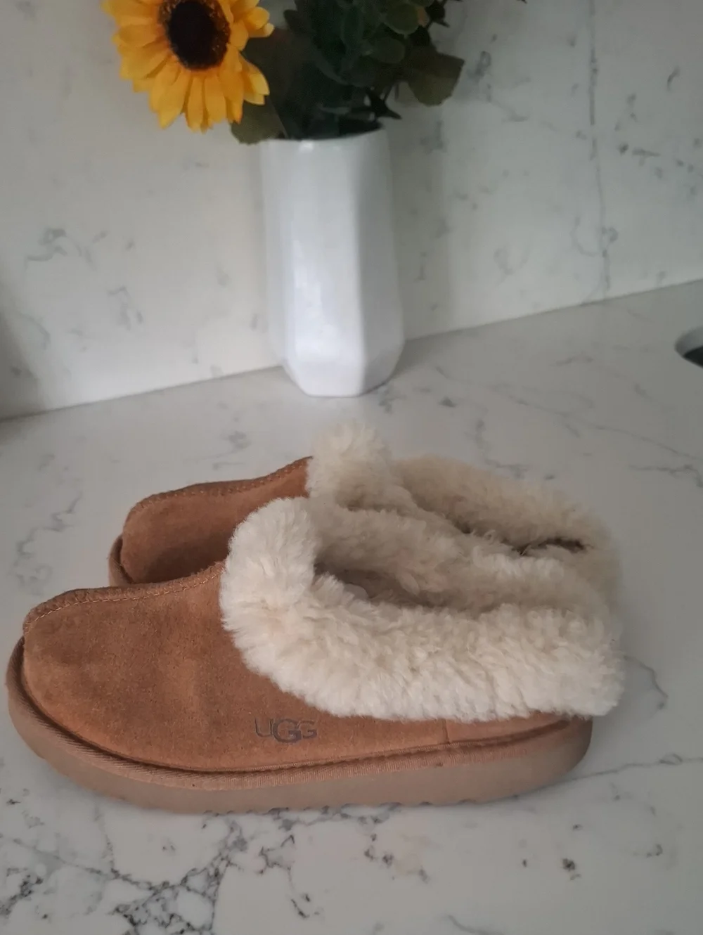 UGG Kids Chestnut Suede Sheepskin Clog Slippers with Cream Lining